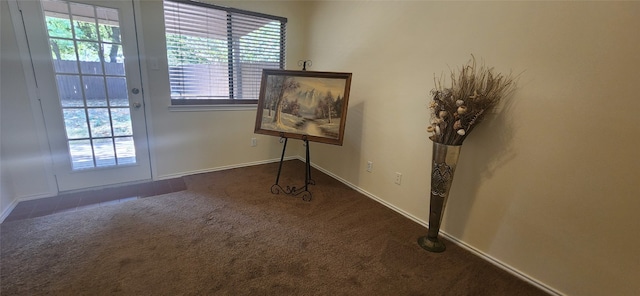 interior space featuring dark colored carpet