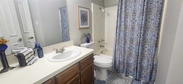 full bathroom with vanity, shower / tub combo, toilet, and tile patterned floors