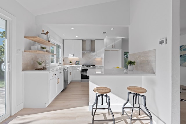 kitchen featuring wall chimney exhaust hood, a wealth of natural light, stainless steel appliances, and white cabinets