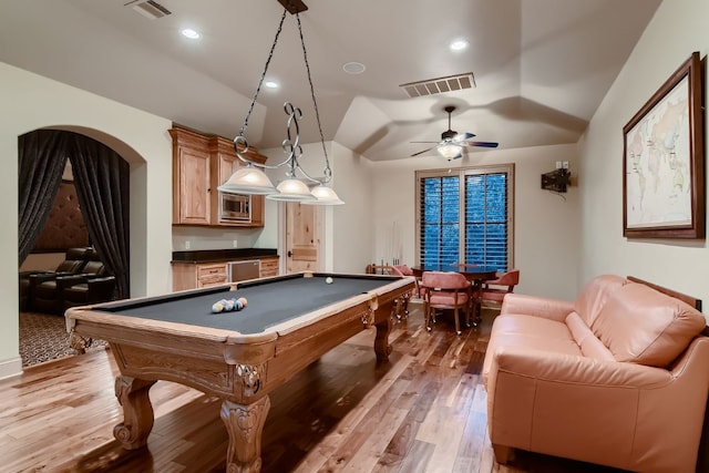 game room featuring ceiling fan, hardwood / wood-style flooring, pool table, and lofted ceiling