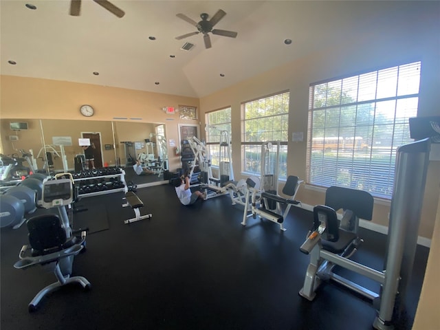 workout area with vaulted ceiling and ceiling fan