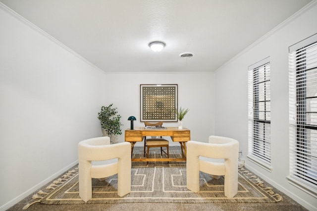 carpeted office space featuring crown molding