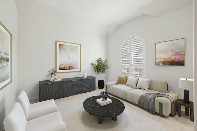 carpeted living room with lofted ceiling