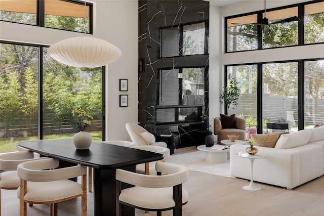 living room featuring a premium fireplace, a wealth of natural light, and light hardwood / wood-style flooring