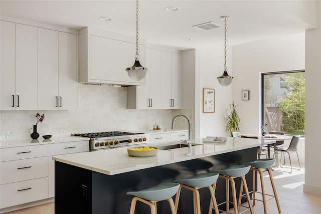 kitchen featuring sink, tasteful backsplash, white cabinetry, and an island with sink