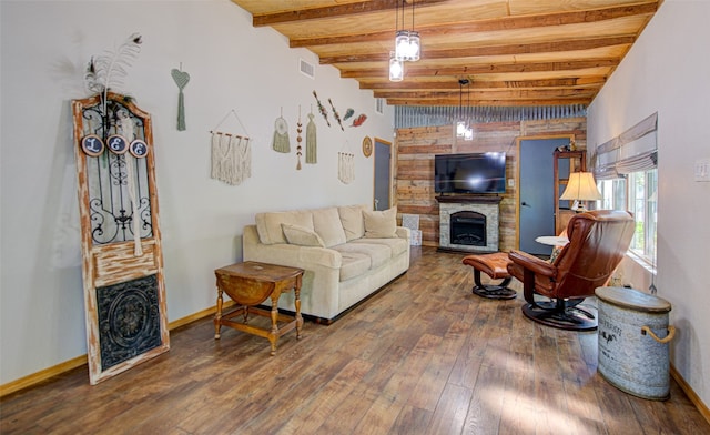 living room featuring dark wood-type flooring, wooden ceiling, and beam ceiling