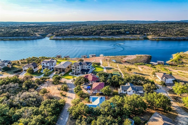 drone / aerial view with a water view