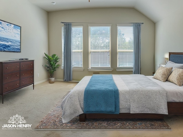 bedroom with carpet flooring and vaulted ceiling