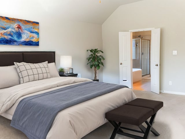 bedroom featuring light carpet and vaulted ceiling