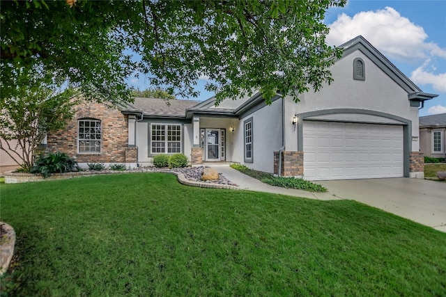 single story home featuring a front yard and a garage