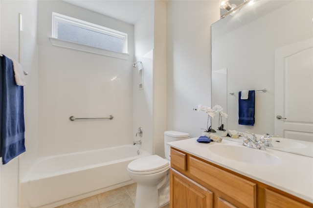 full bathroom featuring vanity, tile patterned floors, toilet, and shower / bathtub combination