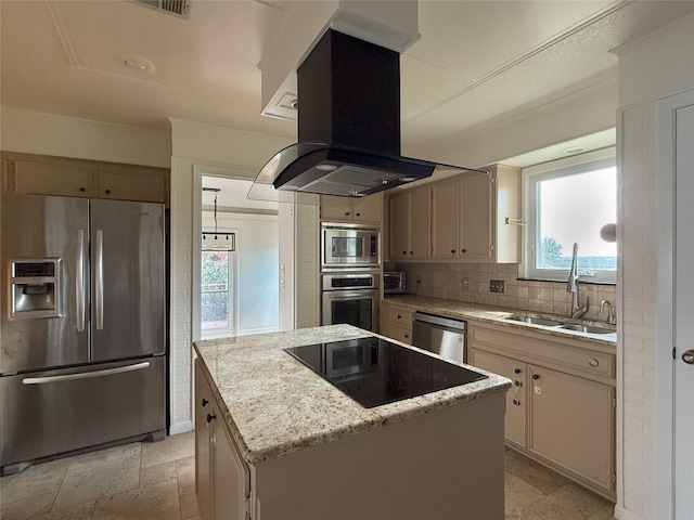 kitchen with sink, stainless steel appliances, a center island, tasteful backsplash, and island range hood