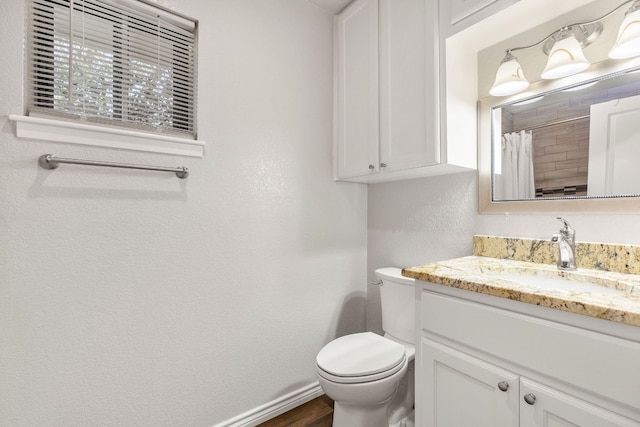 bathroom featuring hardwood / wood-style flooring, vanity, curtained shower, and toilet