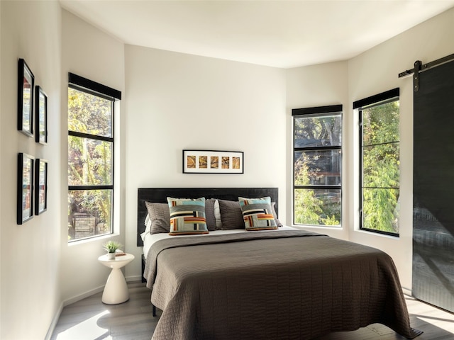 bedroom featuring a barn door and multiple windows