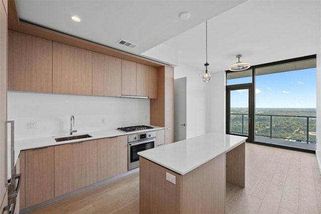 kitchen featuring appliances with stainless steel finishes, light hardwood / wood-style floors, sink, and decorative light fixtures