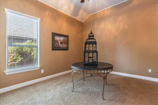 miscellaneous room with ceiling fan, carpet floors, and lofted ceiling