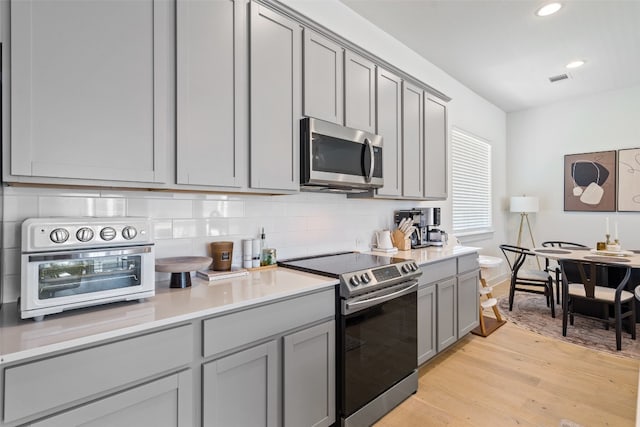 kitchen featuring appliances with stainless steel finishes, light wood-type flooring, gray cabinets, and tasteful backsplash