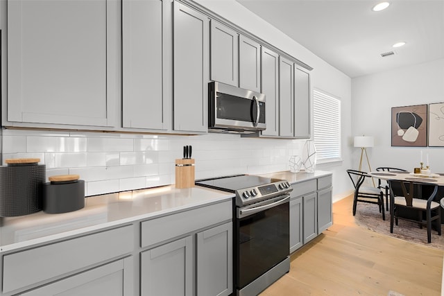 kitchen with gray cabinetry, light wood-type flooring, backsplash, and appliances with stainless steel finishes