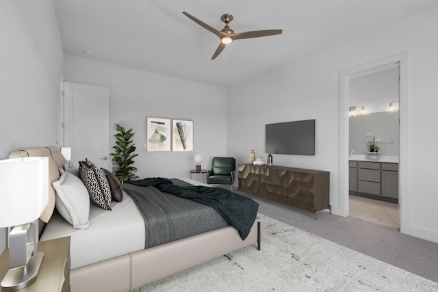 2050 Lohmans Spur Unit 603, Austin, TX 78734 - bedroom featuring light carpet, ensuite bathroom, and a ceiling fan