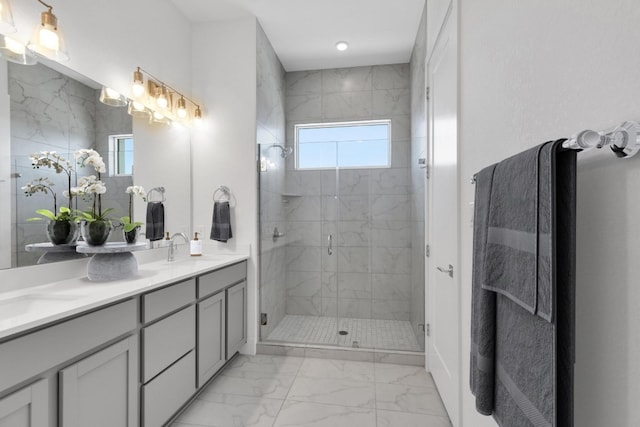 2050 Lohmans Spur Unit 603, Austin, TX 78734 - full bathroom featuring marble finish floors, double vanity, healthy amount of natural light, and a stall shower
