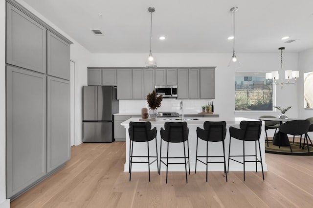 2050 Lohmans Spur Unit 603, Austin, TX 78734 - kitchen featuring appliances with stainless steel finishes, gray cabinetry, light countertops, a breakfast bar, and recessed lighting