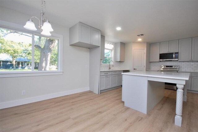316 N Penn St, Flatonia, TX 78941 - kitchen featuring appliances with stainless steel finishes, gray cabinetry, a sink, a chandelier, and light countertops