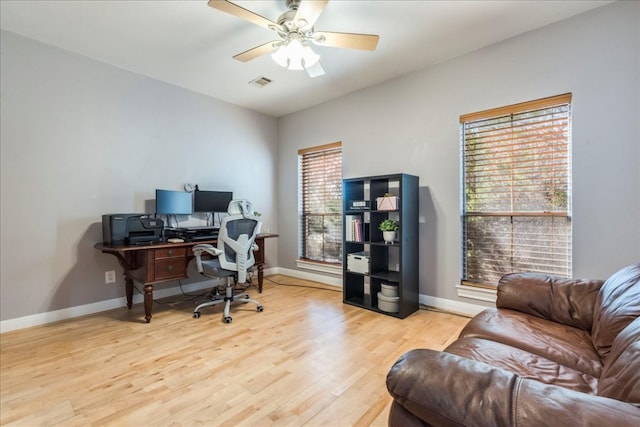 office area featuring ceiling fan and light hardwood / wood-style flooring