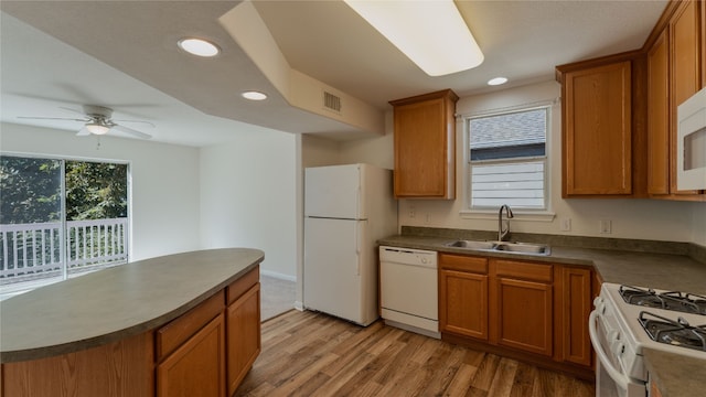 kitchen with white appliances, sink, light wood-type flooring, and ceiling fan