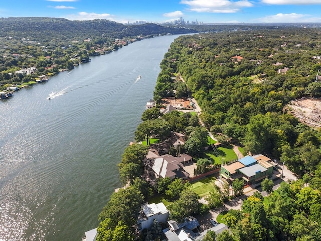 drone / aerial view with a water view