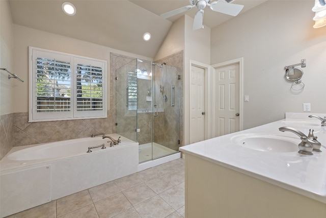 bathroom featuring ceiling fan, vanity, lofted ceiling, plus walk in shower, and tile patterned floors