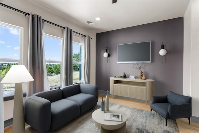 living room featuring a wealth of natural light and light hardwood / wood-style flooring