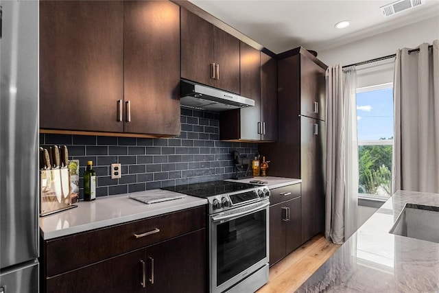 kitchen with dark brown cabinetry, decorative backsplash, stainless steel appliances, and light wood-type flooring