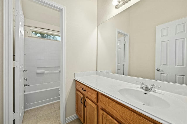 full bathroom with shower / bathing tub combination, vanity, toilet, and tile patterned floors