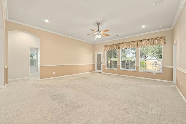 13108 Craven Ln, Manor, TX 78653 - spare room featuring a ceiling fan, baseboards, crown molding, recessed lighting, and light colored carpet