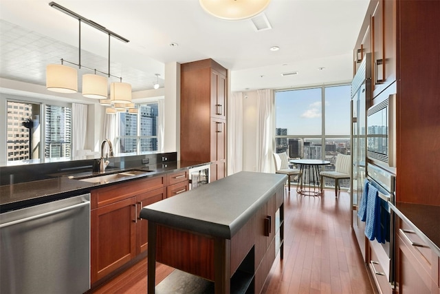 kitchen with stainless steel appliances, hanging light fixtures, a healthy amount of sunlight, and sink