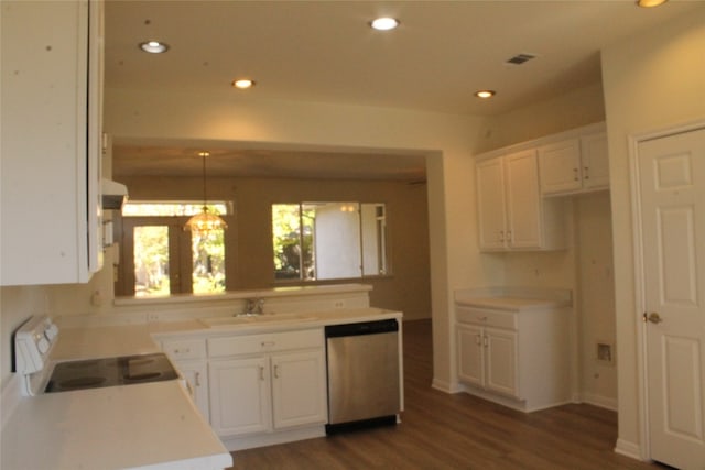 kitchen featuring dishwasher, white cabinets, pendant lighting, and sink