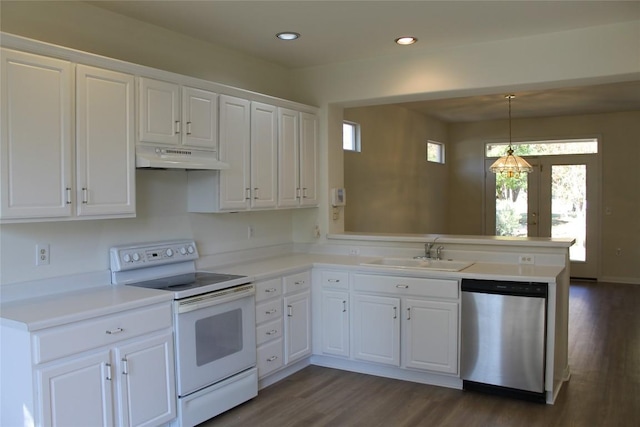 kitchen featuring under cabinet range hood, a peninsula, a sink, dishwasher, and white range with electric cooktop