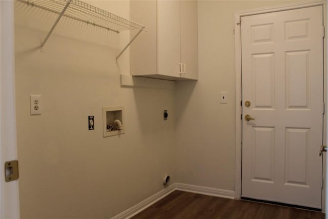 laundry room with hookup for a washing machine, dark wood-type flooring, baseboards, cabinet space, and electric dryer hookup