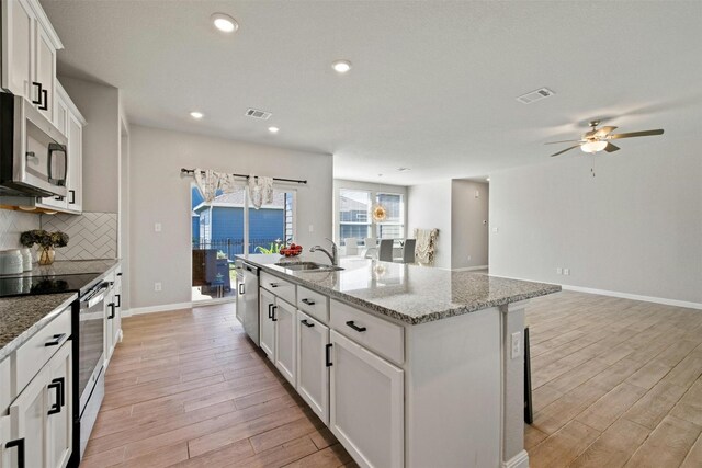 3017 Settlement Dr Unit 30, Round Rock, TX 78665 - kitchen with appliances with stainless steel finishes, light wood-style floors, a sink, a ceiling fan, and a center island with sink
