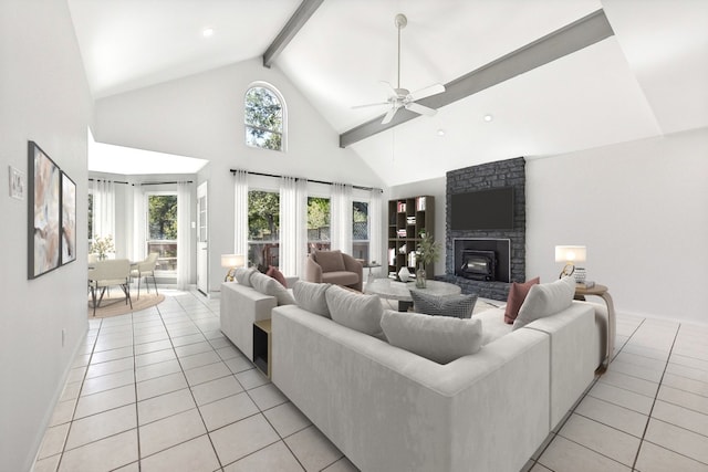 living room featuring a ceiling fan, a brick fireplace, high vaulted ceiling, beam ceiling, and light tile patterned flooring