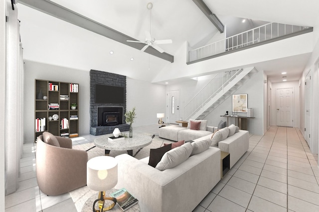 tiled living room featuring a fireplace, beam ceiling, high vaulted ceiling, and ceiling fan