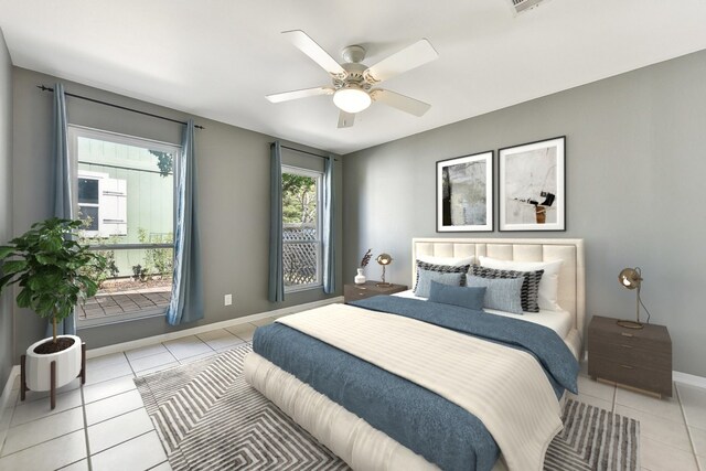 bedroom with light tile patterned floors and ceiling fan