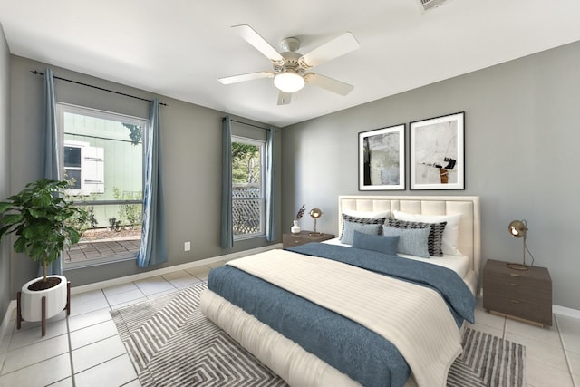 tiled bedroom featuring ceiling fan, visible vents, and baseboards