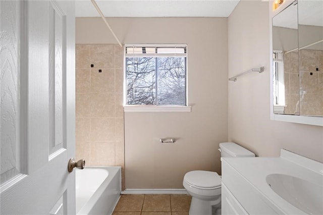 full bathroom with shower / tub combination, tile patterned flooring, vanity, and toilet