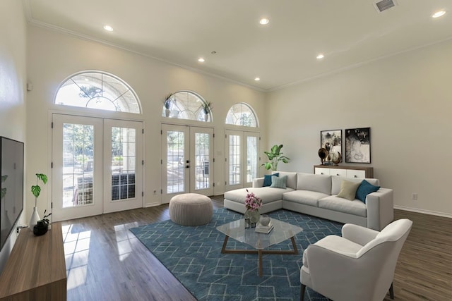 living room featuring ornamental molding, a high ceiling, dark wood-type flooring, and french doors