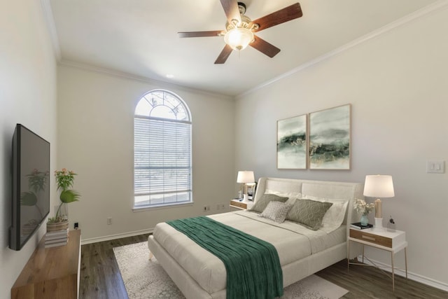 bedroom with ceiling fan, dark wood-style floors, baseboards, and ornamental molding