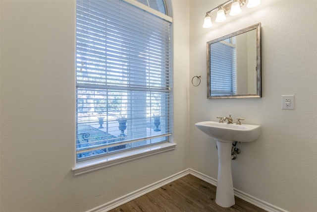 bathroom with hardwood / wood-style floors and a healthy amount of sunlight