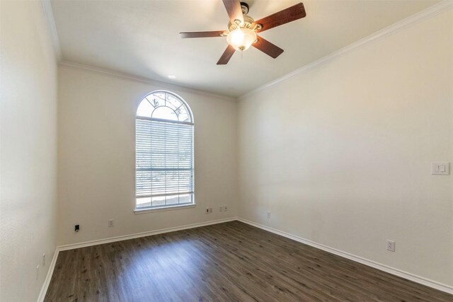 unfurnished room with ceiling fan, crown molding, and dark hardwood / wood-style flooring