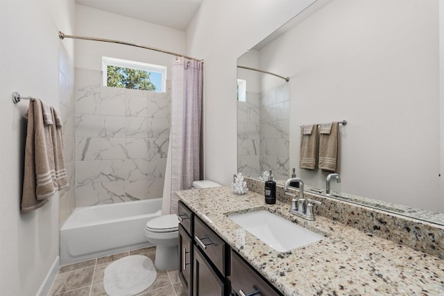 full bathroom featuring shower / bathtub combination with curtain, tile patterned flooring, vanity, and toilet