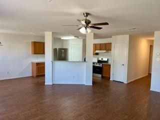 kitchen featuring ventilation hood, ceiling fan, dark wood-type flooring, and stainless steel appliances